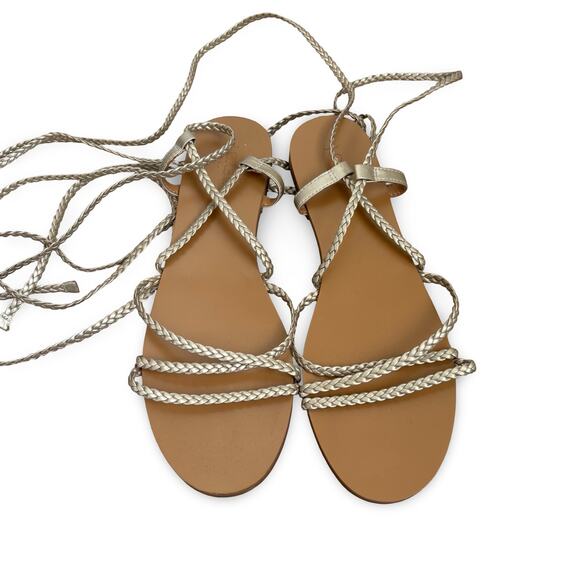 J Crew Metallic Gold Gladiator Leather Braided Strap Flat Sandals Size 9 - Picture 1 of 4